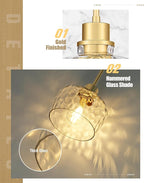 Emak Gold Pendant Lights Kitchen Island, 8 Inch Hammered Glass Pendant Light Fixtures, Modern Hanging Lights for Kitchen,Dining Room, Bathroom, PL122-GD-HG