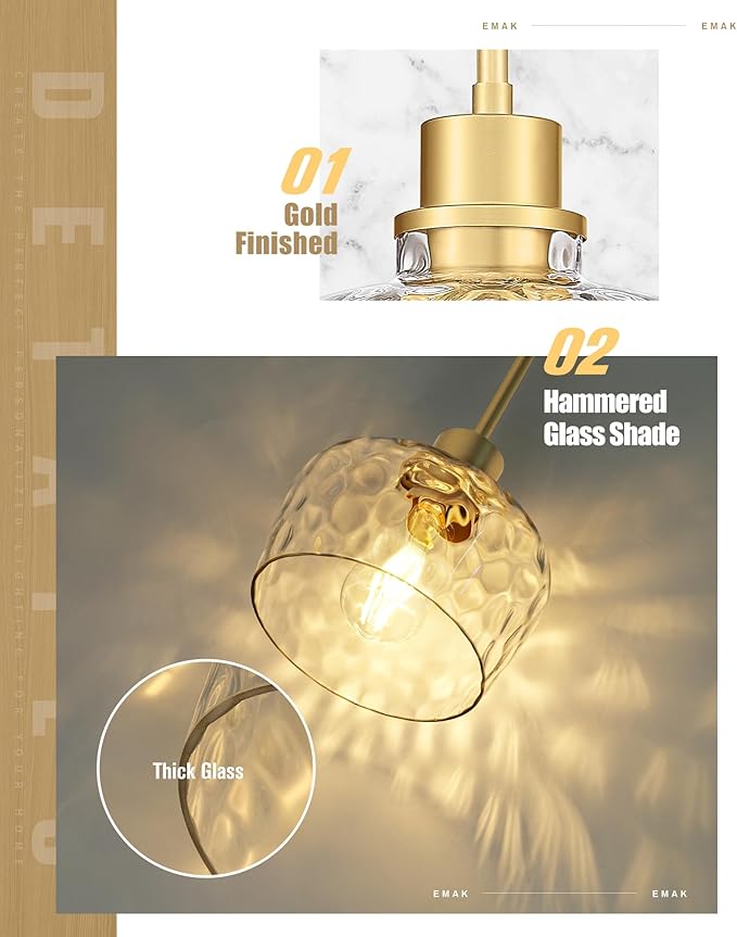 Emak Gold Pendant Lights Kitchen Island, 8 Inch Hammered Glass Pendant Light Fixtures, Modern Hanging Lights for Kitchen,Dining Room, Bathroom, PL122-GD-HG