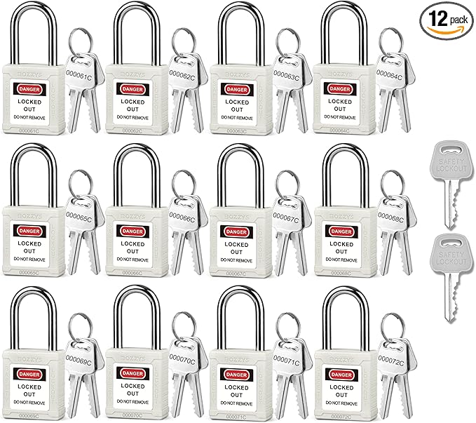 Lockout Tagout Locks with 2 Master Keys｜12-Pack White OSHA Loto Lock｜Keyed Different & Laser Coding｜Lock Out Padlock Kits for Machinery & Electrical Panels