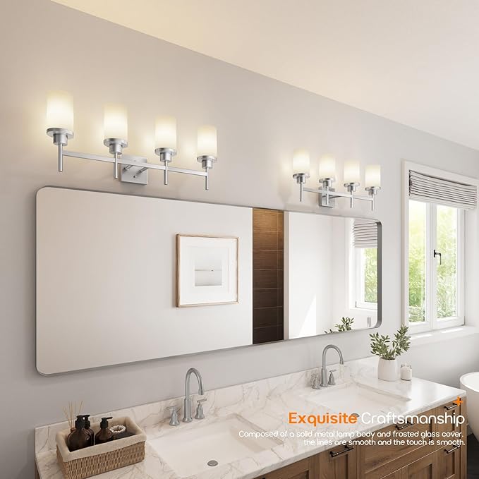 4-Light Vanity Lighting Fixtures with White Frosted Glass Shade, Brushed Nickel Bathroom Wall Lamps Over Mirror for Bath Restroom Kitchen T001BR-L4