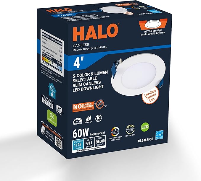 HALO 4 inch LED Recessed Ceiling Light Canless Dimmable with Selectable Lumens and Selectable Color Temperature 2700K-5000K Indoor Outdoor Wet Location Airtight Ultra Slim HLB4LSFS5