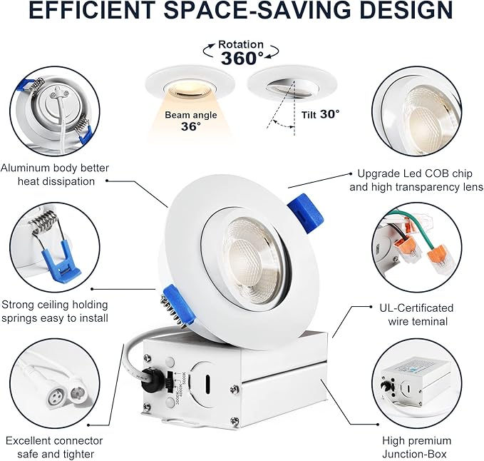 Sublimation 8 Packs 3 Inch led recessed Light,Waterproof recessed Lights for Shower，Ultra-Thin 10w with Junction Box,3 Colors Adjustable,Suitable for Bathroom,Parlor,Bedroom,Kitchen,Balcony