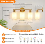 DLLT 3-Light Bathroom Light Fixtures: Gold Modern Vanity Lights with E26 Bulbs - Milky White Glass Shade Bathroom Wall Lamp for Mirror Kitchen Living Room Hallway Cabinet Porch