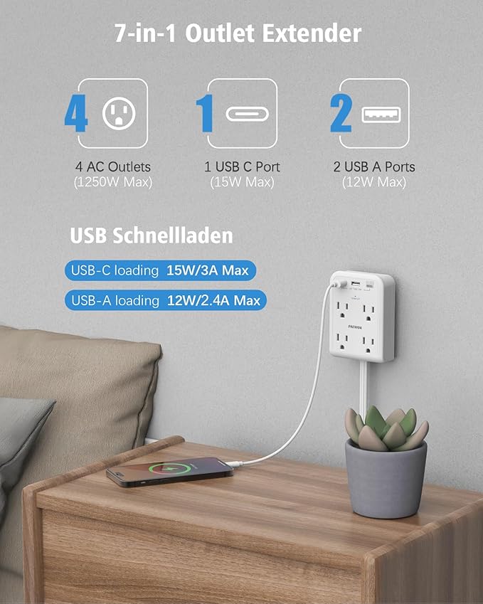 Flat Electrical Outlet Extender with USB C Ports, 4 Outlet 3 USB Wall Plug, 6 ft Thin Extension Cord, Flat Plug Power Strip Surge Protector for Home, Office. White
