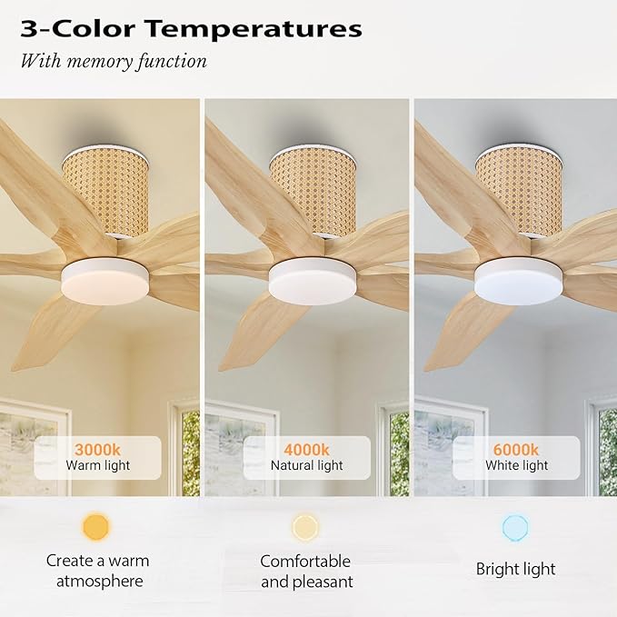 54" Ceiling Fan with Light - Low Profile Flush Mount Ceiling Fan, 6-Speed Remote Control, Solid Wood, Quiet Reversible DC Motor, Wood/White Finish, for Bedroom, Living Room, Porch