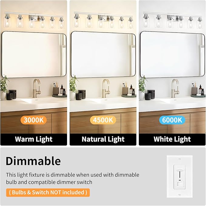 Bathroom Vanity Light, 6-Light Nickel Modern Matte Wall Sconce Lighting with Clear Glass Shade, Wall Lights,Bath Vintage Wall Mounted Lamps for Mirror Bedroom Living Room
