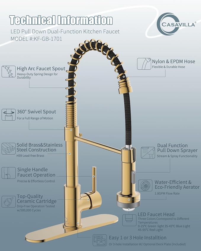 LED Kitchen Faucet, Brushed Gold Kitchen Faucet with Soap Dispenser and Deck Plate, Faucet for Camper Farmhouse RV Kitchen Sink, Single Handle Kitchen Sink Faucets with Pull Down Sprayer