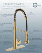 LED Kitchen Faucet, Brushed Gold Kitchen Faucet with Soap Dispenser and Deck Plate, Faucet for Camper Farmhouse RV Kitchen Sink, Single Handle Kitchen Sink Faucets with Pull Down Sprayer