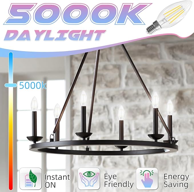 Candelabra Light Bulbs 5000K Daylight, 6W Equivalent to 60 watt, E12 LED Bulb Non-Dimmable, LED Chandelier Bulbs, B10 Candle Bulb, 90+CRI, 600LM, Cear Glass, 6 Pack