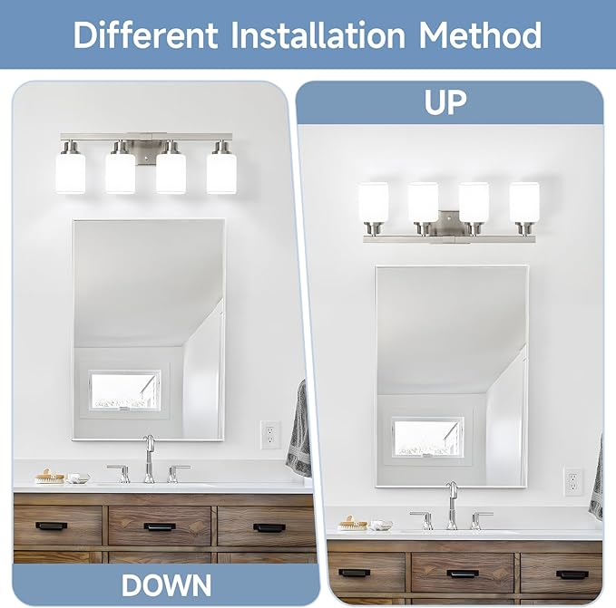 4-Light Bathroom Vanity Light,Brushed Nickel Vanity Lights with Square Frosted Glass,Modern Bathroom Wall Lights Fixtures Over Mirror,Wall Sconces Lighting for Bedroom Living Room,E26