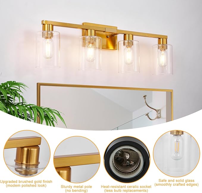 Brushed Gold Bathroom Light fixtures, Gold Vanity Light with Clear Glass Shades,Living Room Bedroom Hallway,Bathroom Lights Fixtures Over Mirror
