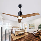 52" Ceiling Fans with Light, Solid Wood Ceiling Fan with Remote Control and DC Motor, with RGB Function, with 3 Fan Blades, Indoor-Outdoor Ceiling Fan for Living Room, Bedroom - Black + Walnut Color