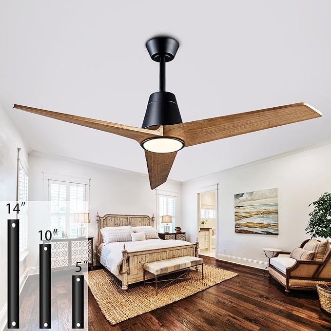 52" Ceiling Fans with Light, Solid Wood Ceiling Fan with Remote Control and DC Motor, with RGB Function, with 3 Fan Blades, Indoor-Outdoor Ceiling Fan for Living Room, Bedroom - Black + Walnut Color