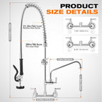 43" Height Commercial Faucet with Sprayer, 8" Adjustable Center & 12" Add-on Swing Spout, Wall Mount Pre Rinse Commercial Sink Faucet for Commercial Restaurant Industrial Kitchen