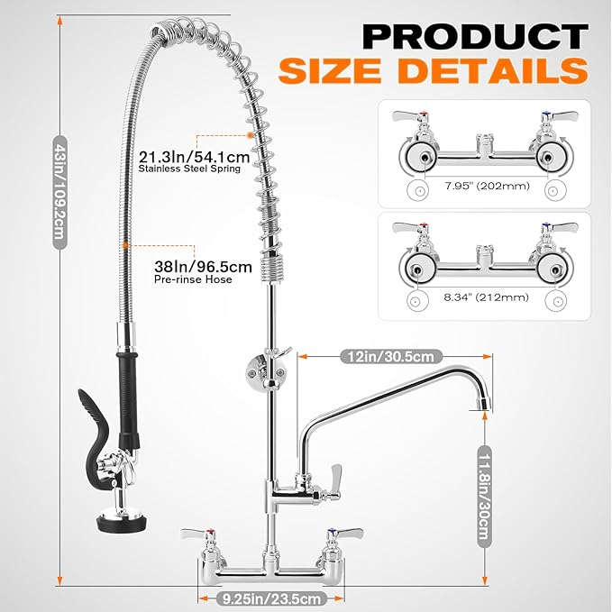 43" Height Commercial Faucet with Sprayer, 8" Adjustable Center & 12" Add-on Swing Spout, Wall Mount Pre Rinse Commercial Sink Faucet for Commercial Restaurant Industrial Kitchen