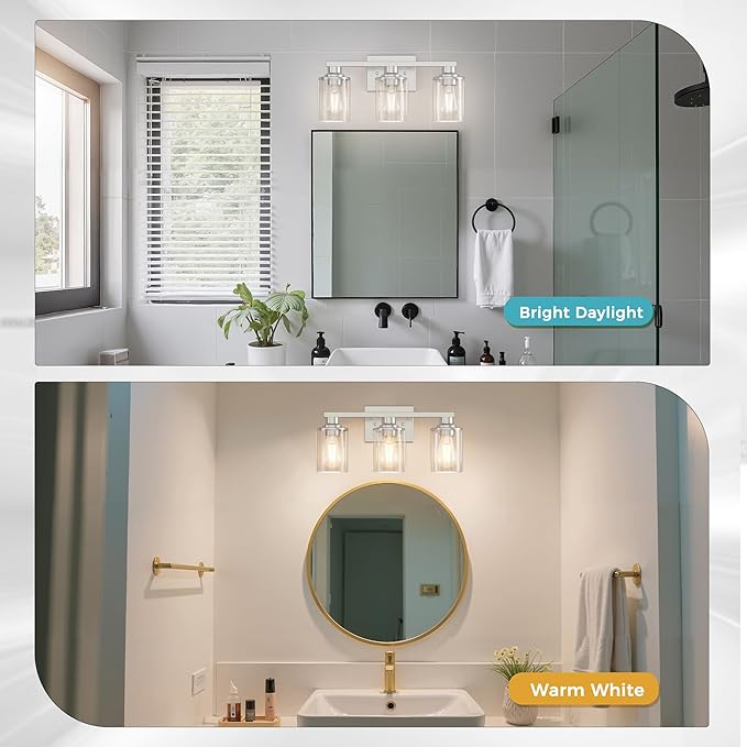 DORESshop 17 Inch Bathroom Light Fixtures, 3-Light Chrome Bathroom Lighting Fixtures Over Mirror with Clear Glass Shade, Vanity Lights for Living Room Bedroom