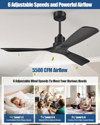 52 Inch Ceiling Fans Without Lights, Outdoor Ceiling Fan No Light, 3 Wood Blades, 3 Downrods, Timer, 6 Speeds Modern Ceiling Fan with Remote Reversible DC Motor for Patios, Matte Black