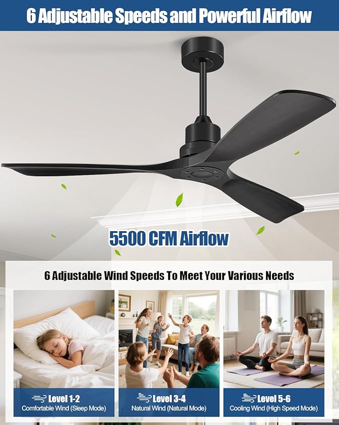 60 Inch Ceiling Fans Without Lights, 60" Outdoor Ceiling Fan No Light, 3 Wood Blades, 3 Downrods, Timer, 6 Speeds Modern Ceiling Fan with Remote Reversible DC Motor for Patios, Matte Black