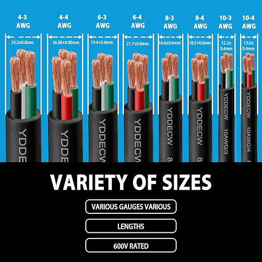 25ft 4/3 4 AWG Portable Power Cable (3 Conductor) - SOOW 600V 4 Gauge Electric Wire for Motor Leads, Portable Lights, Battery Chargers and Machinery - 3 Conductor - 25 Feet Electrical Cord