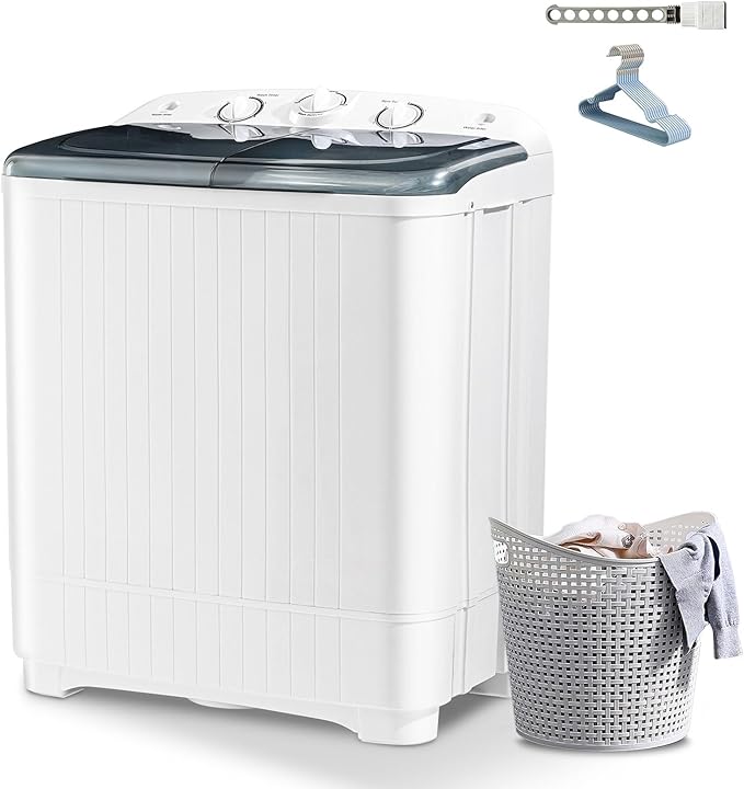 Sportpulse 22lbs Compact Mini Twin Tub Washing Machine with Drying Rack, 13lbs Portable Laundry Washer and 9lbs Spinner, Convenient and Efficient for Dorms, Apartment (Black, 22lbs)