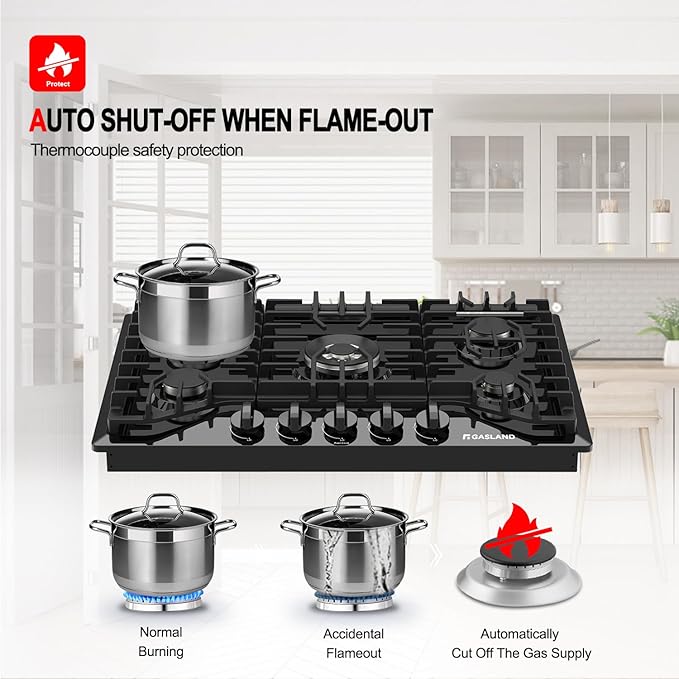 GASLAND 30 Inch Gas Cooktop Black, 5 Burner Propane Stove Top, Built-in NG/LPG Convertible Gas Cooktops, Plug-in with Thermocouple Protection, Black
