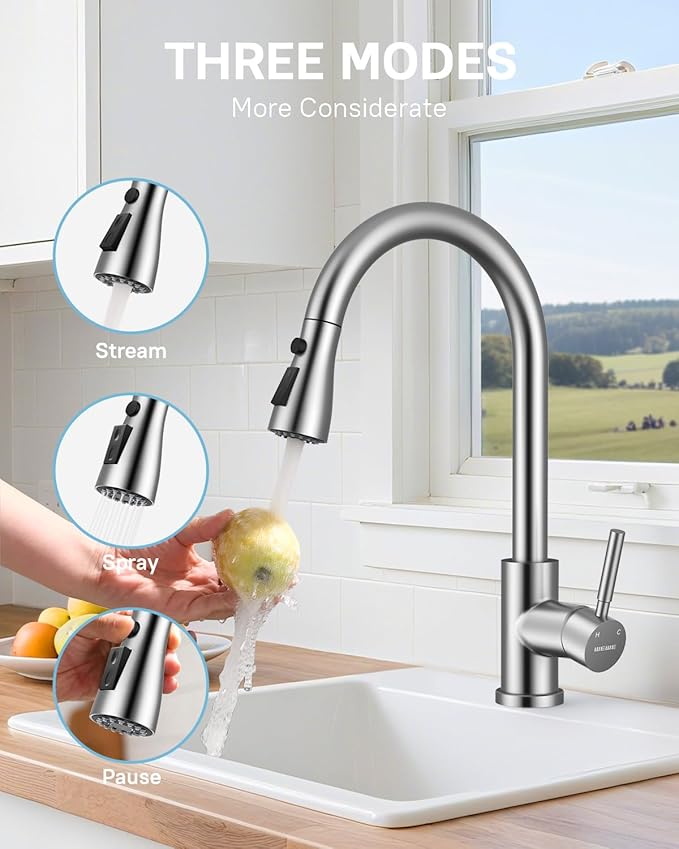 WEWE Kitchen Faucets with Pull Down Sprayer, Stainless Steel Single Handle 1 Hole for Family Kitchen Commercial Camper Laundry Rv Bar, Brushed Nickel