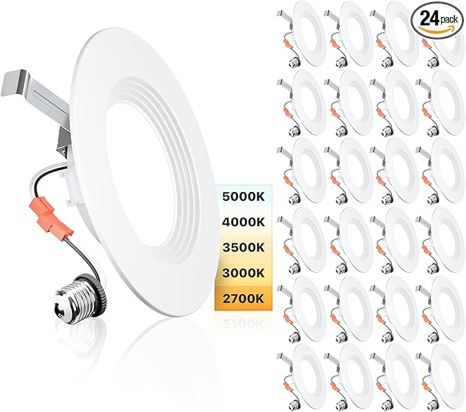 Ensenior 5/6 Inch 5CCT LED Can Lights 24 Pack, Retrofit Led Recessed Lighting, Baffle Trim, Dimmable, 9W=110W, 1000LM, 2700K/3000K/3500K/4000K/5000K Selectable, IC Rated - ETL & FCC