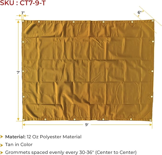Mytee Products 7' x 9' Tan 12oz Canvas Tarp with Grommets - Water Resistant - Heavy Duty Canvas Tarps - Multipurpose Tarpaulin Cover for Canopy Tent, Roof, Camping, Semi Trucks & Cargo