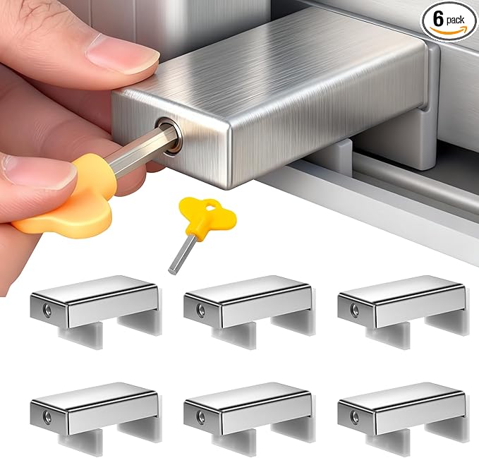 6 Sets Sliding Window Locks, 0.66'' to 1.65'' Adjustable Width Stainless Steel Window Safety Locks, Window Guards Latch Stoppers for Children Vertical and Horizontal Sliding Windows
