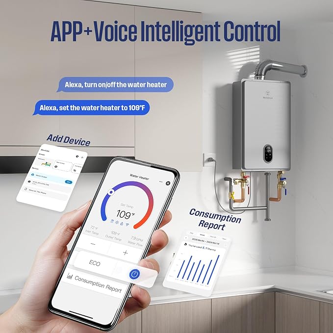 Westinghouse Natural Gas Tankless Water Heater Indoor Installation Max 7.9 GPM 180,000 BTU, WIFI Enable Temp Self Modulating Non Condensing High Efficiency for House or Commercial, APOLO Performance