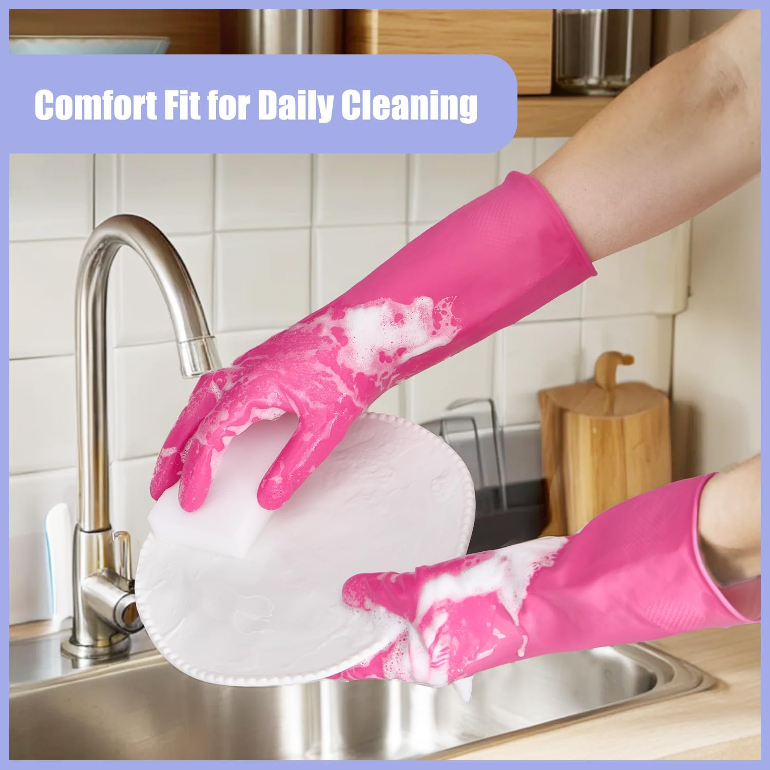 4 Pairs Rubber dishwashing gloves, Kitchen gloves for washing dishes, Household cleaning gloves Reusable Large Blue+Pink+Yellow+Red