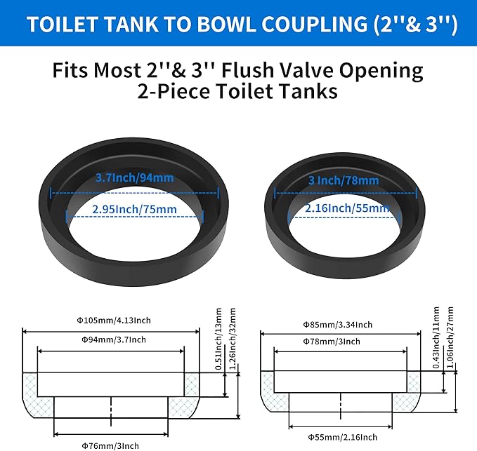 Universal Toilet Tank to Bowl Bolt & Gasket Replacement Kit – Toilet Tank Repair Kit Includes 2" and 3" Rubber Seal Gaskets, Extra-Long Brass Plated Bolts, Washers, Nuts, Fits Most 2-Piece Toilets
