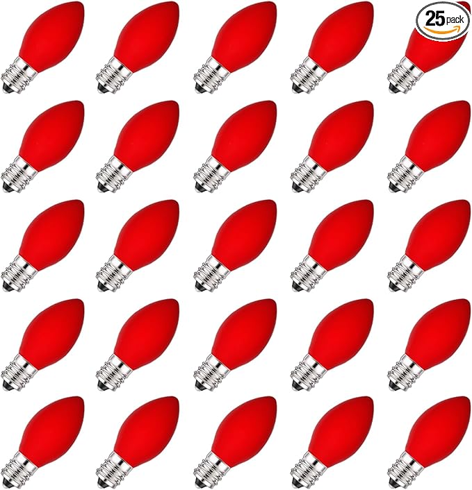 C7 Red Valentines Christmas Replacement Bulbs, 25 Pack C7 Incandescent Light Bulbs Vintage Ceramic Red Light Bulbs for Christmas String Lights Valentines Decor, E12 Candelabra Base, 5 Watts
