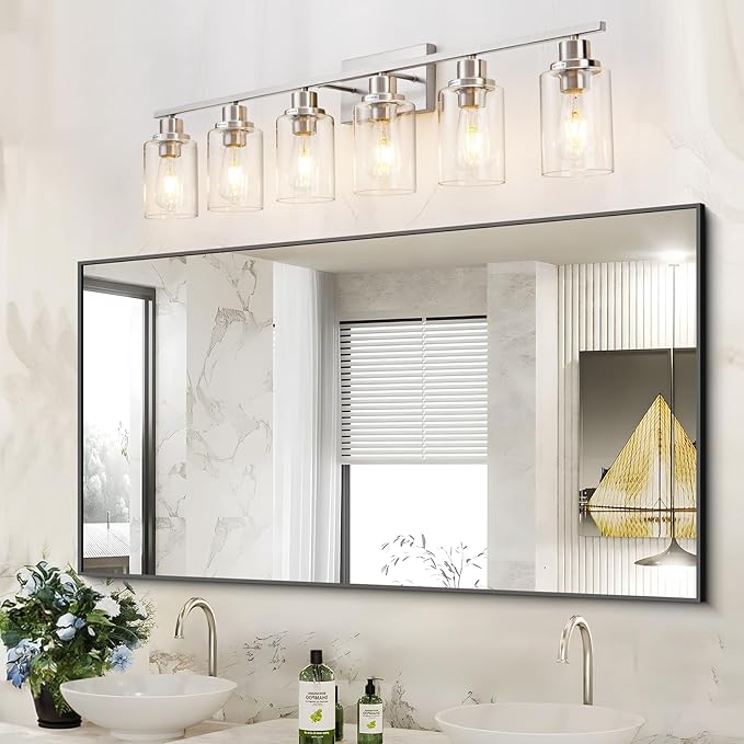 6 Light Bathroom Light Fixtures Brushed Nickel Vanity Light Over Mirror Modern Farmhouse Wall Lighting Sconces Wall Lamp for Bathroom, Bedroom, Living Room E26 Socket with Glass Shade