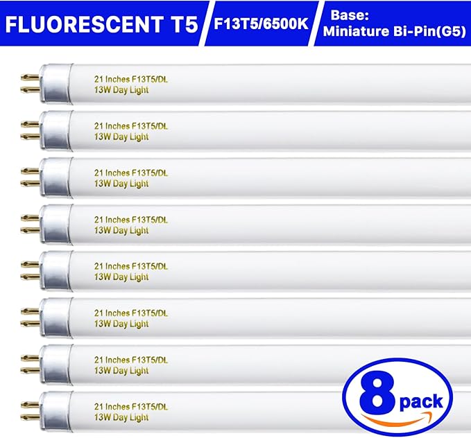8 Pack 21 Inch T5 Fluorescent Bulbs 13 Watt Daylight 6500K, F13T5D Under Cabinet Lights Bulb, 750 Lumen G5 Base
