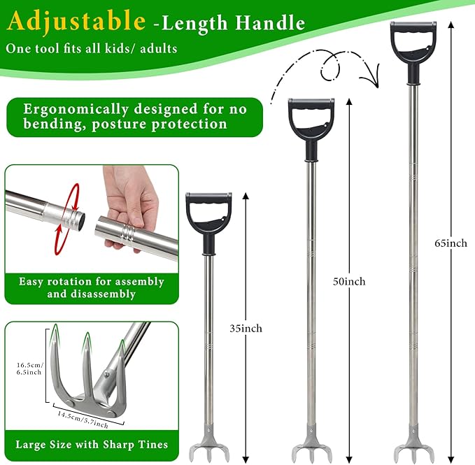 Garden Hand Cultivator Rake: 65" Long Handle Hoe Garden Tool with Ergonomic D Grip, Heavy Duty Iron 3-Tine Tiller Rakes for Gardening,Cultivating, Planting, Digging, Weeding
