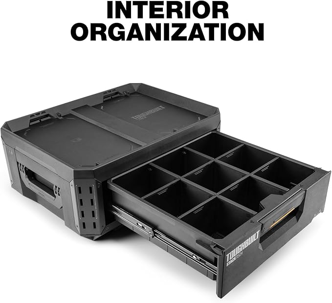 ToughBuilt StackTech 1 Drawer Tool Box, Heavy-Duty Portable Tools Chest, 50 lb Capacity - Stackable Toolbox Storage Organizer with 8 Dividers, Auto-Latching Drawers and Accessory Rails