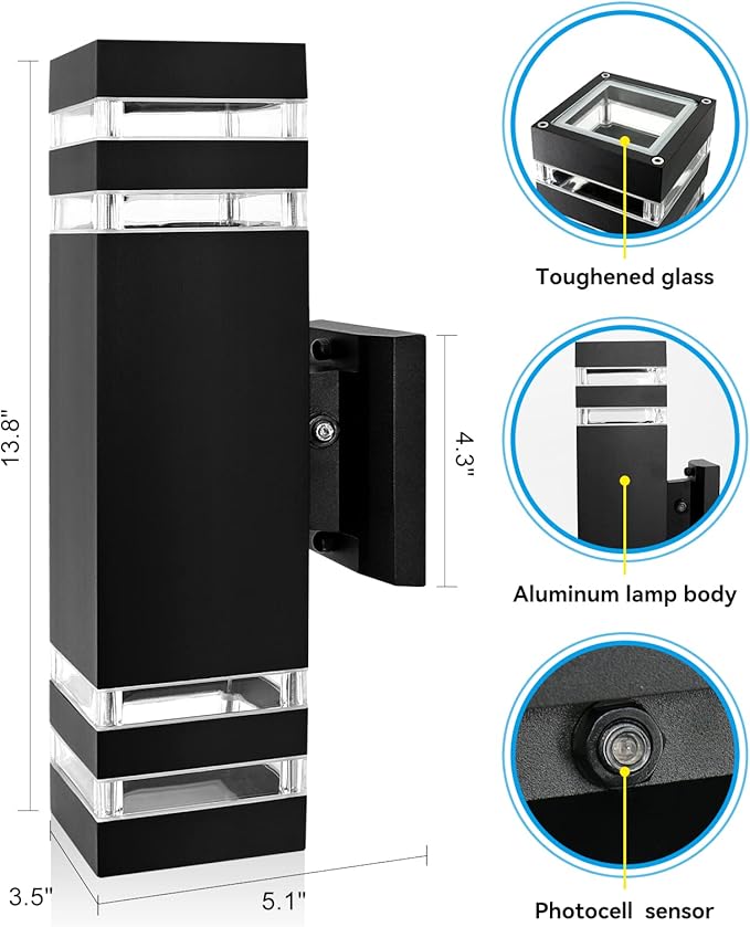 Modern Outdoor Wall Light with Dusk to Dawn Sensor, 2-Pack Brown Exterior Wall Sconces with E26 Bulbs Included, IP65 Waterproof Anti-Rust Aluminum Porch and Garage Light Fixtures