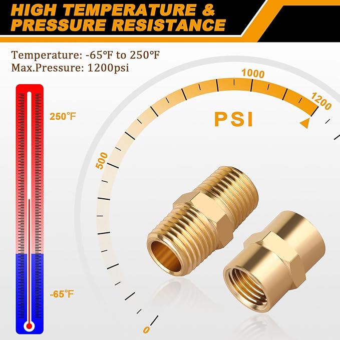 KOOTANS 12pcs Brass Pipe Fitting, NPT Hex Nipple, Coupling, 1/4" x 1/4" NPT Male Pipe, 1/4" x 1/4" NPT Female Pipe Fittings Set (6 Nipple & 6 Coupling)