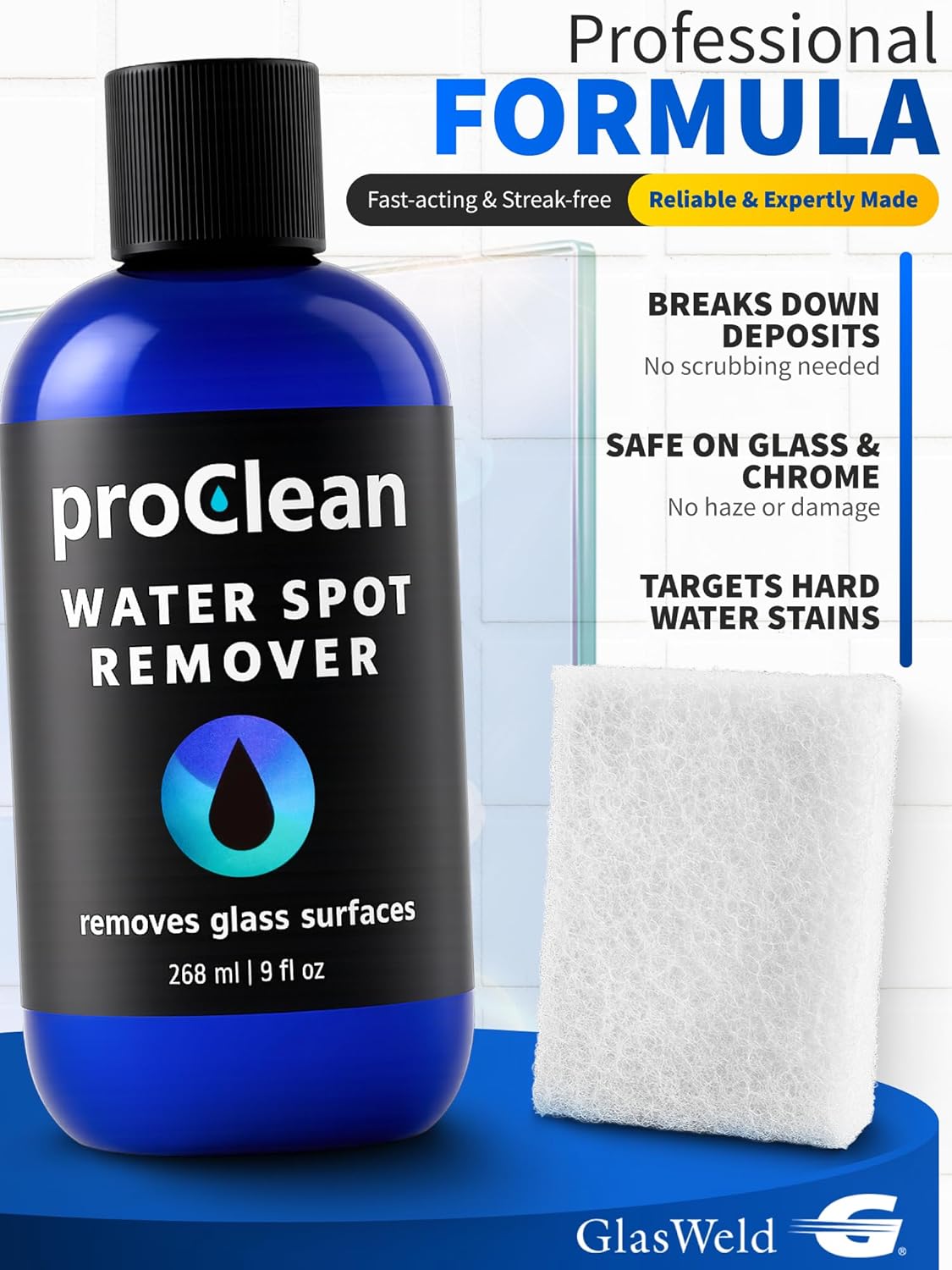 GlasWeld ProClean Heavy Duty Hard Water Stain Remover - For Glass, Metal & More - Includes Applicator Pad - Stubborn Water spot Remover Kit - Automotive Car Care