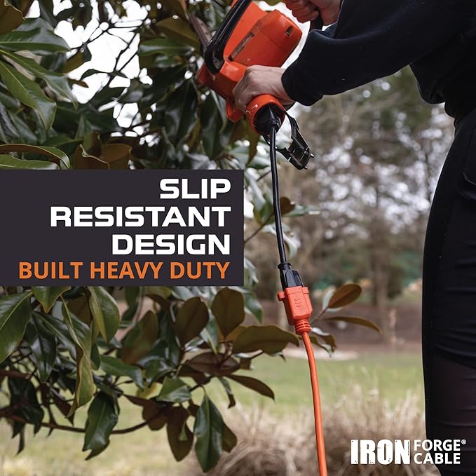 Iron Forge Cable Weatherproof 200 Ft Outdoor Extension Cord - 16/3 SJTW 10 Amp Heavy Duty Highly Visible Orange Extension Cord 3 Prong - Lighted End