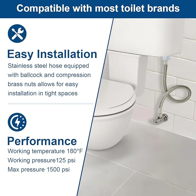 20 Inch Toilet Water Supply Line, Stainless Steel Braided Universal Flexible Toilet Hose Connector, 7/8" Ballcock x 3/8" Compression