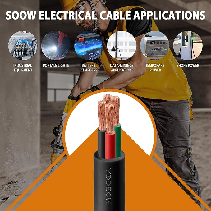 10ft 18/4 18 AWG Portable Power Cable (4 Conductor) - SJOOW 300V 18 Gauge Electric Wire for Motor Leads, Portable Lights, Battery Chargers and Machinery - 4 Conductor - 10 Feet Electrical Cord