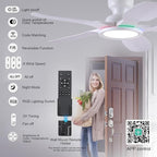 52 Inch Ceiling Fans with Lights and Remote/APP Control, Low Profile Ceiling Fans with Dimmable White + RGB Ring Lights, 6 Speeds 5 Curved Blades for Kids Room Bedroom Bar, White