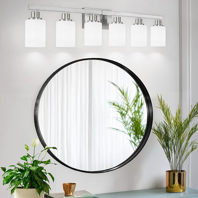 38" Bathroom Vanity Light, 6-Light Nickel Vanity Lights for Bathroom, Wall Sconce Lighting with Milky White Glass Shade, Wall Lights,Bath Vintage Wall Mounted Lamps for Mirror Bedroom