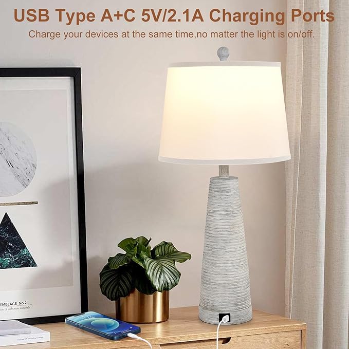 Terpsichore Bedside Lamps Set of 2 Nightstand Lamp Desk Lamps Vintage Rustic Farmhouse Table Lamp 3 Way Dimmable Light,Suitable for Living Room Bedroom,with Linen Shade LED Bulb,USB A+C Port