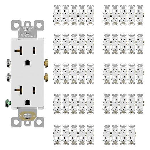 ELEGRP Glossy White Decorator Electrical Wall Outlet Receptacle, 20A 125V Standard Outlets, 2 Pole 3 Wire, Non-Tamper Resistant, NEMA 5-20R, Self-Grounding Wall Outlet, UL Listed, 50 Pack