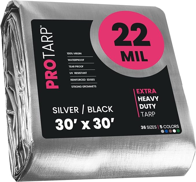 PROTARP Extreme Heavy Duty 22 Mil Tarp Cover, Waterproof, UV Resistant, Rip and Tear Proof, Poly Tarpaulin with Reinforced Edges for Roof, Camping, Patio, Pool, Boat. (Silver/Black 30′ X 30′)