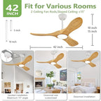 42-Inch Natural Wood Ceiling Fan with Lights, Remote Control, Dimmable, Reversible, Wood Blades, Power-Off Memory, Quiet DC Motor – Modern outdoor Ceiling Fan for Living Room, Bedroom, Patio