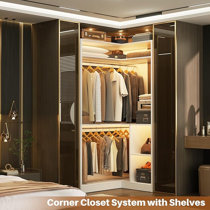 Aheaplus Corner Closet System With Shelves, 34'' Organizer With Hanging Rods, Wood Walk-in for Small Space, Freestanding Tower, L Shaped Garment Rack, White